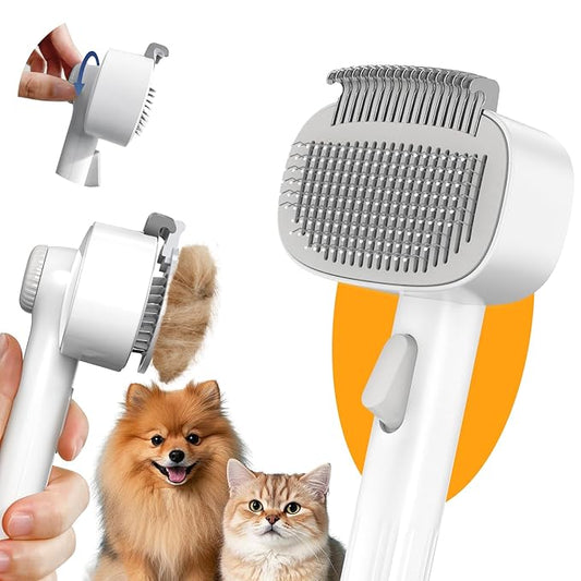 Dog & Cat Brush for Shedding, 2 in 1 Self Cleaning Deshedding Brush with Adjustable Bristle Length & Dematting Comb, Skin Friendly Grooming Tool for Long & Medium-Long Hair Pets