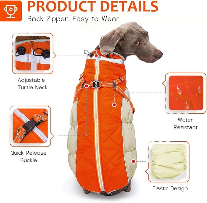 Dog Winter Coat with Harness, Dog Jacket, Pet Clothes with Zipper on Back, Waterproof Windproof Warm Vest, Reflective Cold Weather Coats, for Small Medium Large Dogs, Thick, Orange, L