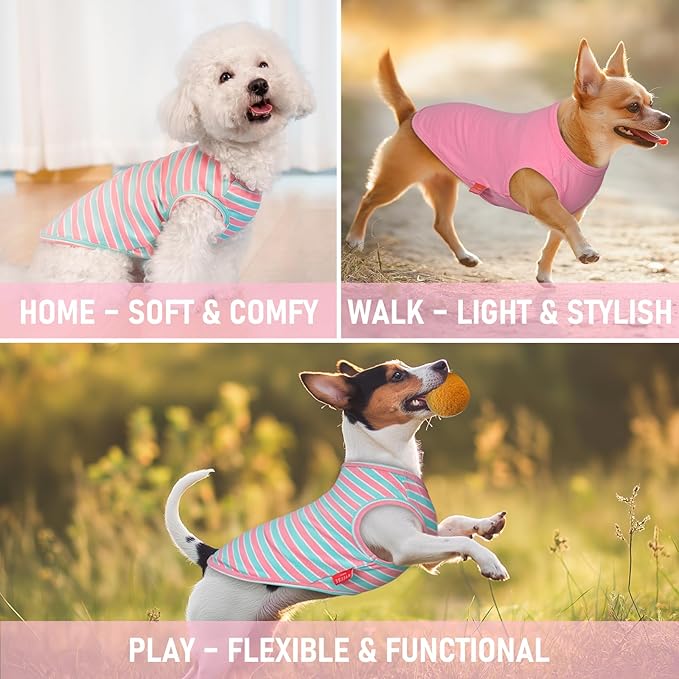 KYEESE 2Pack Dog Shirts Striped T Shirt Soft Tee for Small Dogs Cotton Tank Top Clothes Lightweight Sleeveless Dog Vest, X-Large,Pink+Striped