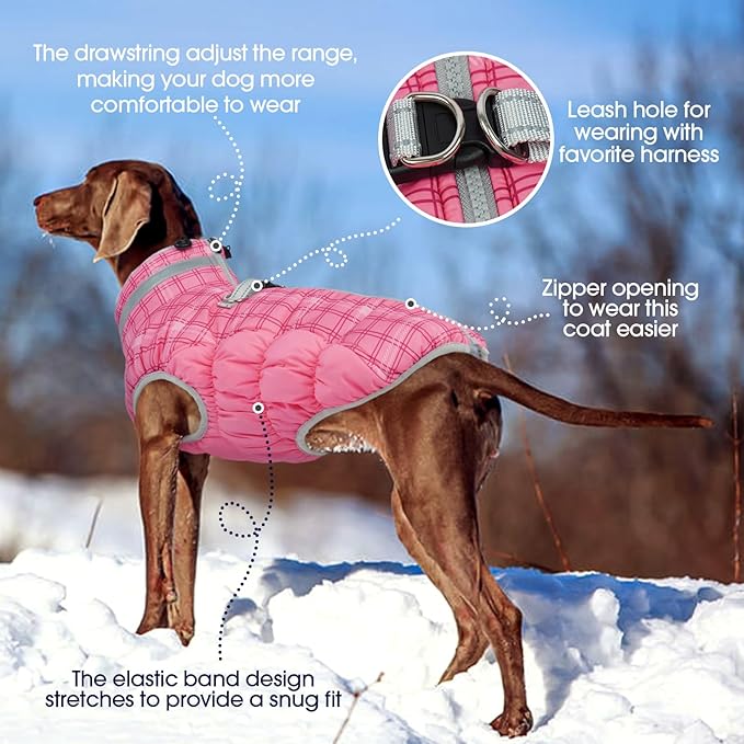 FUAMEY Dog Coat for Medium Dogs,Waterproof Dog Winter Jacket with Harness Built in Puppy Cold Weather Coats Reflective Pet Vest with Zipper Warm Fleece Dogs Snowsuit Windproof Rose Plaid M