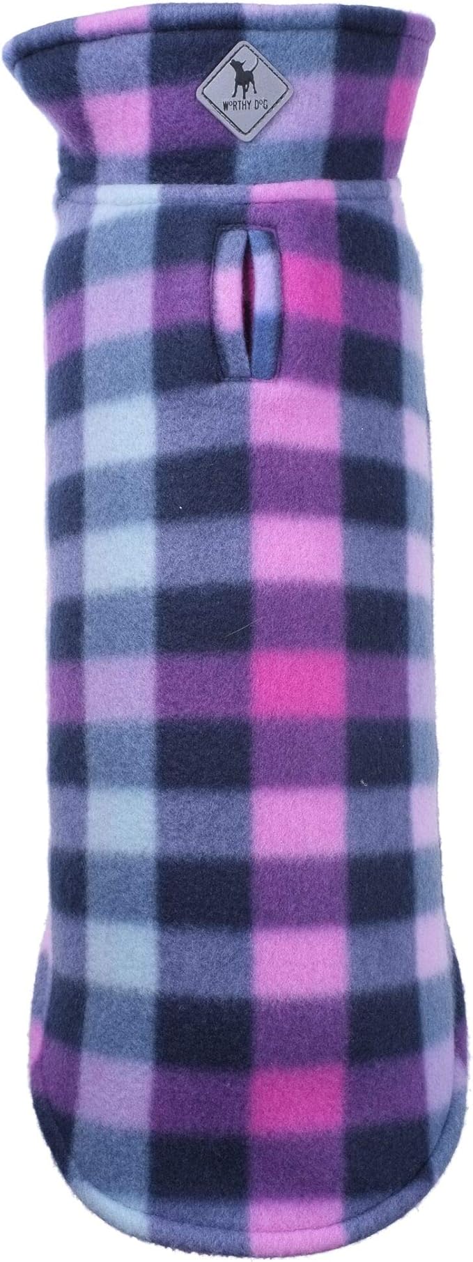 The Worthy Dog Fargo Fleece Check Dog Jacket, Adjustable Reversible with Harness Hole, Wind-Resistant, Winter Outdoor Clothes for Pets, Purple - 28''
