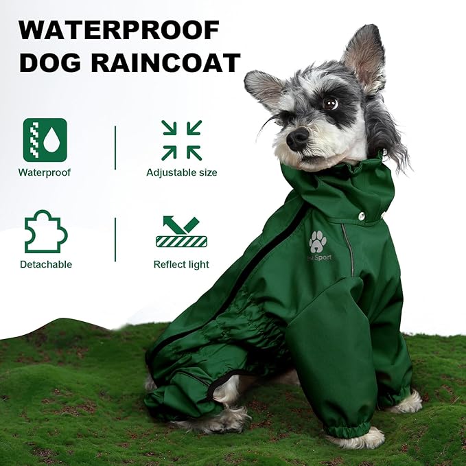 PINA Dog Raincoat, Waterproof Rain Jacket with Hood & Pocket, Lightweight Dog Jacket with Leash Hole & Reflective Strap for Wet Weather, Full Wrap Design for Full Protection