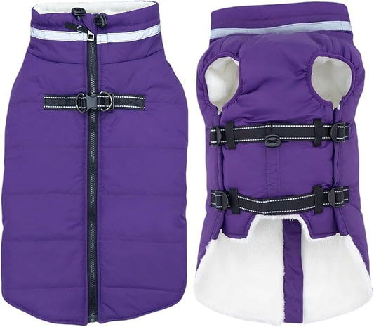 Large Dog Coat with Harness Built-in, Waterproof Reflective Fleece Lined - Warm Windproof Winter Jacket with Back Zipper, Cold Weather Snow Dog Coats - Purple - XL