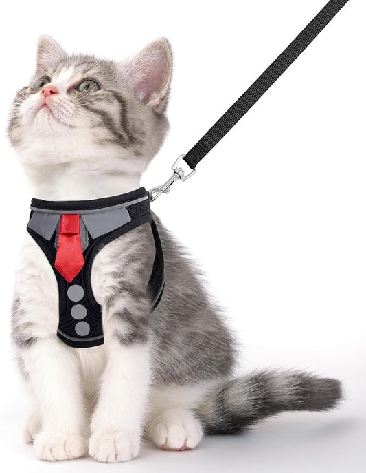Cat Harness and Leash Set for Walking Escape Proof, Soft Adjustable Kitten Harness Breathable Mesh with Reflective Strips Harness for Kitty Puppy Bunny(Black,XS)