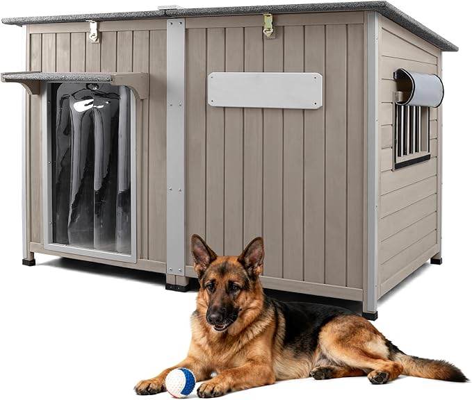 55" L Extra Large Dog House Outdoor with Window, XL Dog House Pet Shelter for Large Breed with Anti-Chewing Frame, Openable Roof, Removable Floor, 10 Support Feet for Medium to Large Dogs