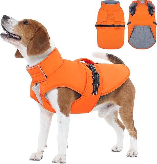 IECOii Waterproof Dog Jacket - Reflective, Adjustable & Windproof & Fleece Lined, Waterproof Snow Coat Quick Release Buckles for Bulldog, Pitbull Running, Orange, Size XL