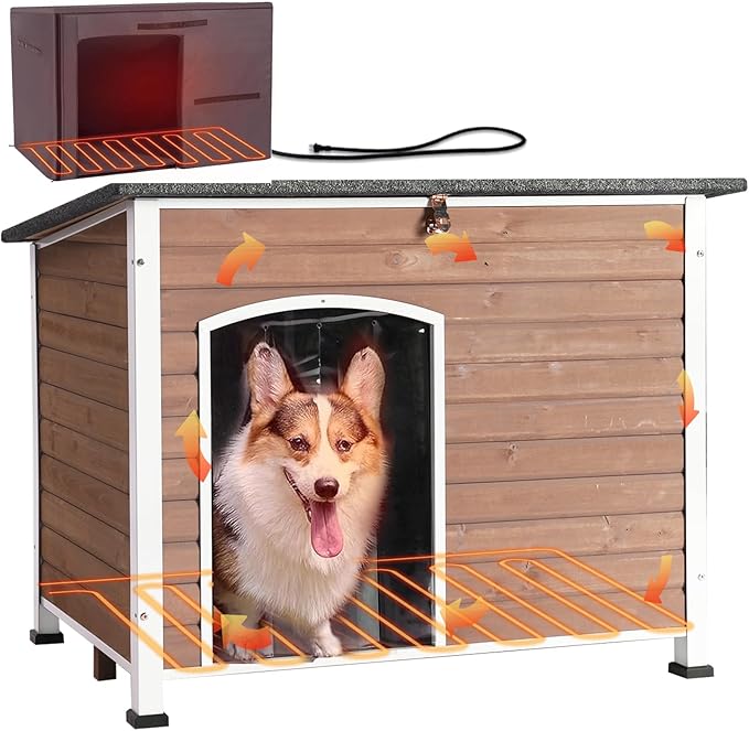 GUTINNEEN Heated Dog House Outdoor 43.3" L Insulated Dog Kennel with Metal Frame Large Dog Crate for Medium to Large Dogs Outside with Heater and Insulated Liner for Winter, Light Brown