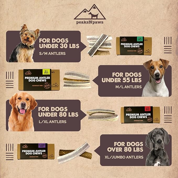 peaksNpaws Premium Split Elk Antlers for Dogs, Dog Treats Large Breed, Made in USA, Natural Chews for Aggressive Chewers, Long Lasting Pet Treat for Dogs Under 80 lbs, 2 Large/XL Antler Pack