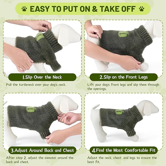 Small Dog Furry Pullover Sweater, Classic Turtleneck Dog Clothes for Cold Weather Cute Warm Pet Clothes for Chihuahua, Bulldog, Dachshund, Pug Green Small