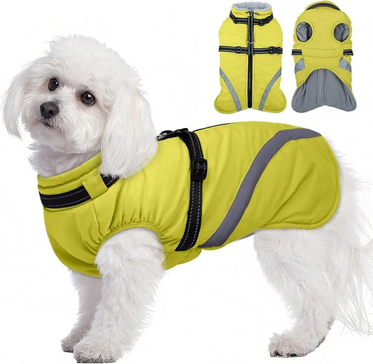 BRKURLEG Dog Winter Jackets for Small Dogs, Dog Coat with Harness Built in, Dogs Snowsuits with Zipper, Waterproof Windproof Pet Puffer Jacket Fleece Vest for Chihuahua, Yorkie, Green XS