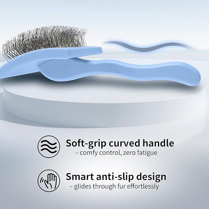 Pet Slicker Brush for Long & Short Hair - Detangling Tool for Dogs & Cats - 135° Angled Stainless Steel Pins, Curved Handle - Gentle Grooming for Small/Medium/Large Breeds (Blue)