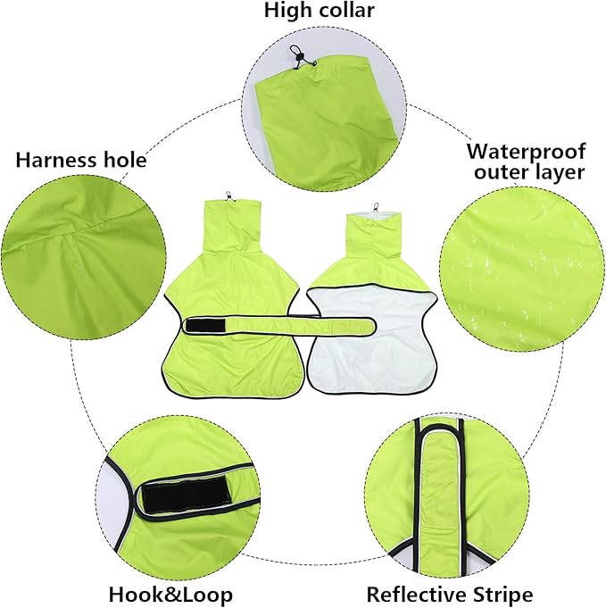 Dog Raincoat with Reflective Bar, Rain/Water Resistant, Adjustable Vest - Dog Raincoats for Greyhounds, Lurchers and Whippets - Light Green - M