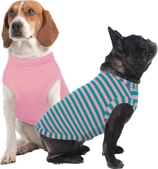 IECOii 2 Pack Dog T-Shirts for Small Medium Dogs,Lightweight & Comfortable – Easy to Wear,Machine Washable & Non - Fading – Perfect for Summer Indoor and Outdoor Use,Pink+Stripes,Large