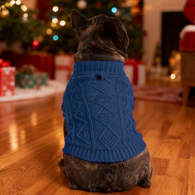 PUPTECK Dog Sweater, Turtleneck Warm Knitted Pullover Coat, Thick Cable Knitwear Clothes in Winter, Pet Apparel Outfits for Large Dogs, for Cold Weather Indoor & Outdoor, Deep Blue L