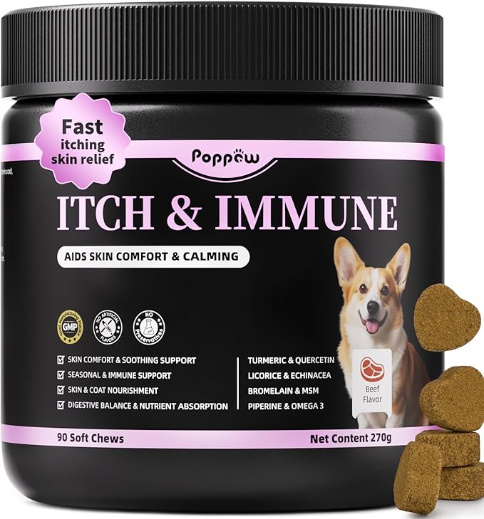 Dog Allergy Relief Chews, Itch Relief for Dogs – Turmeric & Omega-3 Supplements for Skin Comfort, Coat Health & Seasonal Support, Immune Care with Biotin & Quercetin – Beef Flavor, 90 Count
