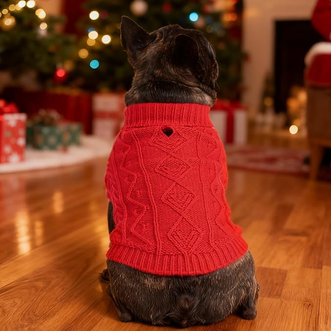 PUPTECK Dog Sweater, Turtleneck Warm Knitted Pullover Coat, Thick Cable Knitwear Clothes in Winter, Pet Apparel Outfits for Small Medium Dogs, for Cold Weather Indoor & Outdoor, Red S