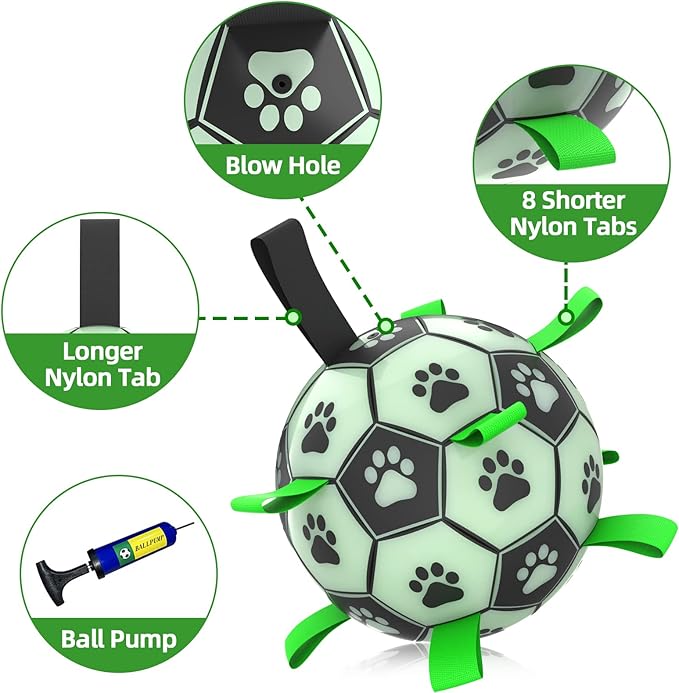 QDAN Dog Ball, Glow in The Dark Dog Toys, Light Up Soccer Ball for Dogs, Outdoor Dog Toys, Doggy Water Toy, Puppy Birthday Gifts for Medium Large (8 Inch)