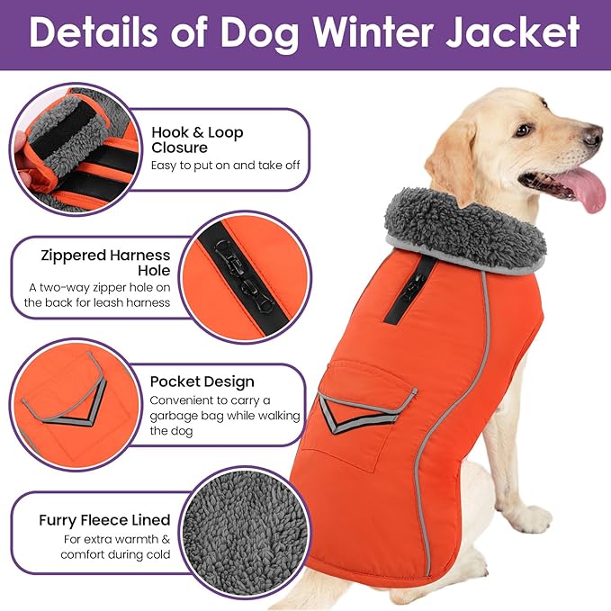 SUNFURA Large Dog Coat, Warm Dog Winter Coat Jacket with Thick Furry Collar, Adjustable Pet Fleece Jacket Turtleneck Snowsuit for Large Dogs for Chilly Day, Orange XL