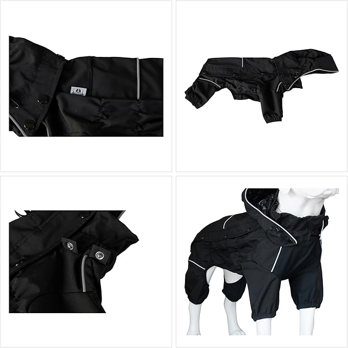 LOVELONGLONG Waterproof Dog Raincoat with Removable Hood – Outdoor Full Body Dog Jacket, Windproof Snowproof Shell Suit – All Season Pet Rain Gear Black S+