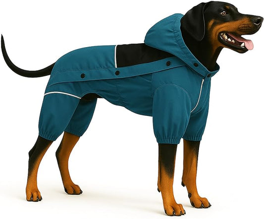 LOVELONGLONG Waterproof Dog Raincoat with Removable Hood – Outdoor Full Body Dog Jacket, Windproof Snowproof Shell Suit – All Season Pet Rain Gear Ocean Teal 4XL