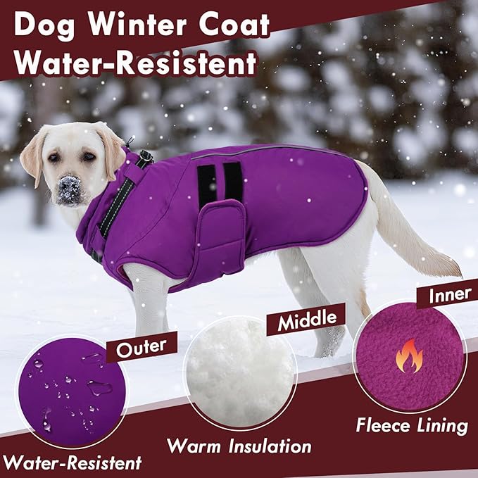 Dog Coats for Extra Large Dogs Winter Waterproof Jacket with Harness Reflective Adjustable Hook&Loop Snowsuit for Cold Weather, Warm Snow Jackets for Dogs Great Dane Saint Bernard, 5XL Purple
