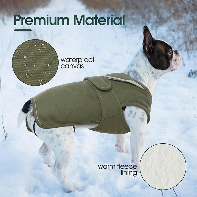 Kuoser Canvas Dog Coat, Warm Dog Jacket Reflective Fleece Pet Cold Weather Coat, Warm Doggie Clothes Waterproof Winter Vest with Zipper Leash Hole for Small Medium Large Dogs, Army Green 2XL