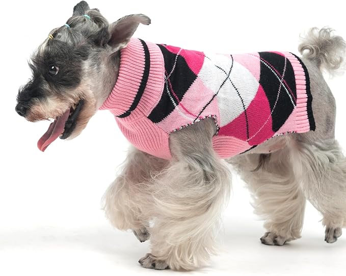 KOOLTAIL Dog Sweater Pet Knitted Clothes - Classic Pink Plaid Pullover Turtleneck Thick Warm Fall Dog Sweaters with Leash Hole, Soft Winter Coats for Small Medium Large Dogs Cats Puppy Girls, S