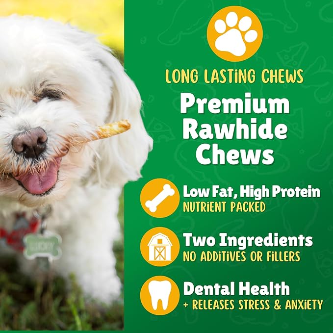 Chicken Wrapped Rawhide Dog Treats – 20ct. Rawhide Chew Sticks – Long Lasting Chews for Small Dogs Made in The USA with Natural Chicken and Beef Hide