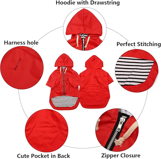Dog Raincoat rain Jacket Raincoat Dogs Waterproof Small Medium Breeds Zip Closure Storage Pocket Harness Hole Red XXL