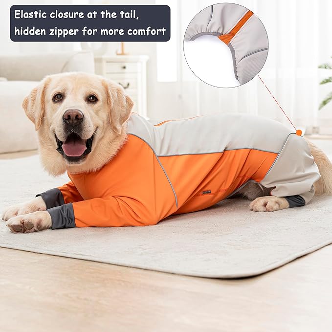 Dog Full Body Winter Coat, Waterproof Fleece Jacket for Small Medium Large Dogs Reflective Snowsuit with Zipper for Outdoor Skating (Orange, 5XL(Weight 65-88 lbs))