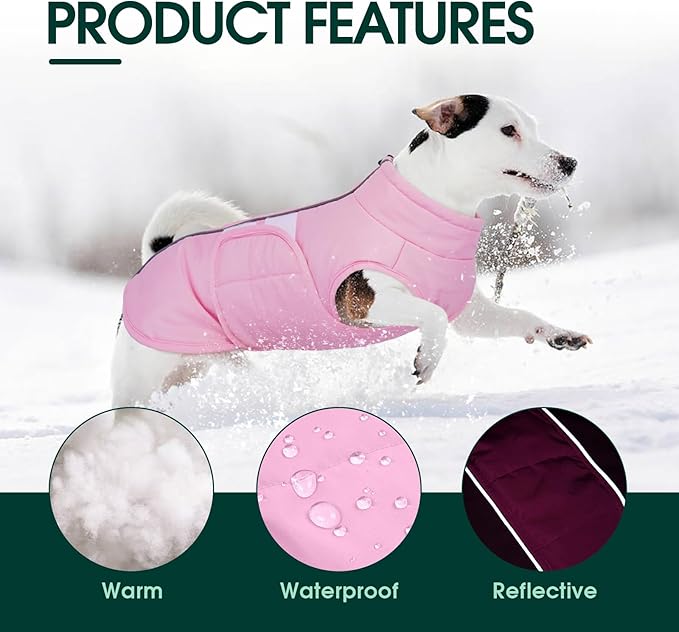 Kuoser Large Dog Coat, Winter Waterproof Dog Jackets for Large Dogs, Reflective Doggie Vest with Leash Hole, Cold Weather Coats Pet Snow Jacket for Labrador Beagle, Pink XXL