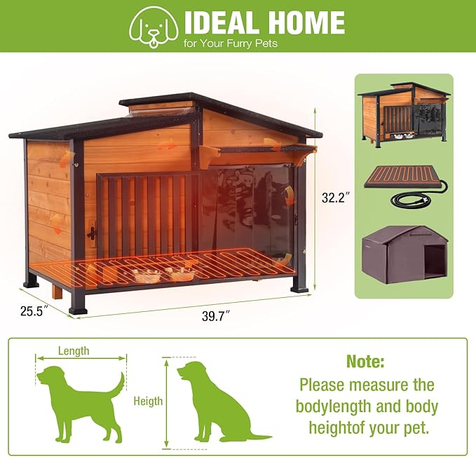 GUTINNEEN Heated Dog House Large Outdoor Insulated Dog Kennel Weatherproof Dog Shelter with Heated Pad, Insulated All-Round Thermal Liner, Chew-Proof Design for Dogs (Brown)