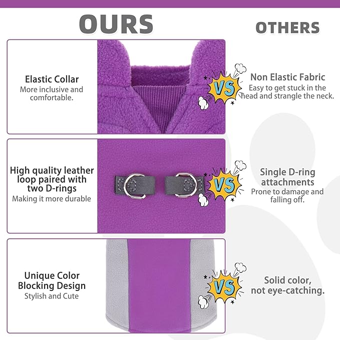 KOOLTAIL Small Dog Sweater - Dog Fleece Vest Jacket with Leash D-Ring for Small Medium Dogs, Soft Pullover Winter Warm Cold Weather Coats, Pet Fall Clothes Outfit for Puppy Cat Boys&Girls, Purple XS