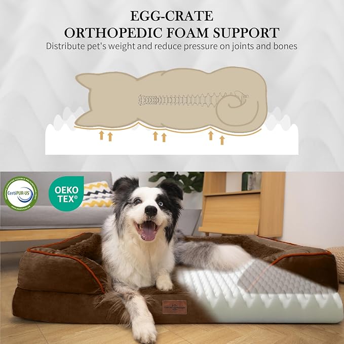 Comfort Expression Orthopedic Dog Bed for Small Dogs 20x14 Inch, Waterproof Supportive Egg Crate Foam Small Pet Bed with Removable Bolsters, Dog Couch with Washable Cover & Non-Slip Bottom, Dark Brown