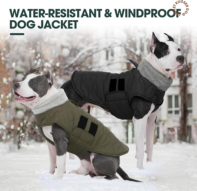 Kuoser Large Dog Coat, Winter Waterproof Dog Jackets for Large Dogs, Doggie Vest with Leash Hole, Cold Weather Coats Pet Snow Jacket for Labrador Beagle, Green XXL