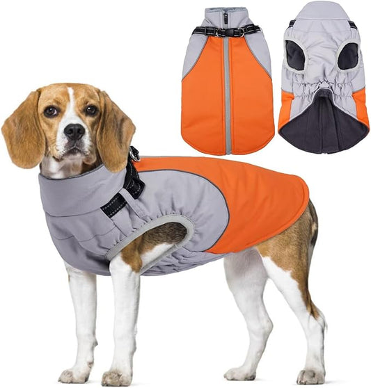 Reflective Dog Coat with Harness Built in,XL Soft Warm Dog Jacket for Cold Weather,Windproof Snowproof Pet Vest for Outdoor Walking Hiking,Adjustable Collar Easy On/Off,Orange,XL