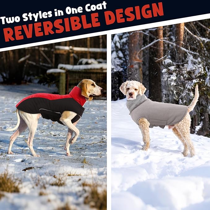 Warm Dog Coat,Waterproof Jacket in Winter Adjustable and Reversible Doggy Fleece Outfit,Thick Clothes with Foldable Collar for Puppy in Cold Days,2XL Red