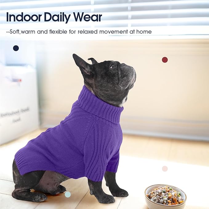 IECOii Dog Sweaters for Medium Dogs Girl Boy,Holiday Knit Doggy Sweatshirt with Sleeve,Turtleneck Thick Warm Dog Sweaters for Winter,Pullover Knitwear for French Bulldog,Boston Terrier (Purple, L)