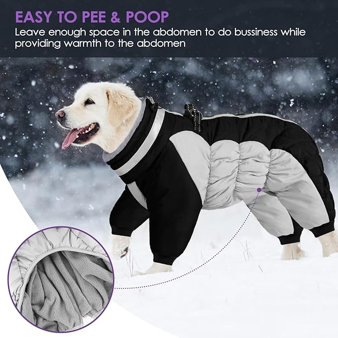 SUNFURA Full Body Dog Coat - Warm Fleece Jacket for Large Dogs, Turtleneck Winter Coats with Harness, Reflective Dog Snowsuit Windproof Puffer Jackets with Legs for Weimaraner, Black XL