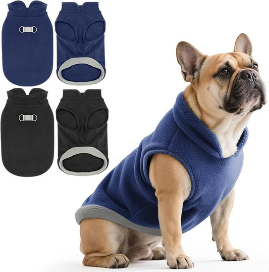Idepet 2 Pack Dog Fleece Vest Sweater Warm Pullover Jacket with D-Ring Leash Reflective Winter Coat Hoodie for Puppy Cat French Bulldog Pug Chihuahuas Yorkies Dachshunds(Black&Blue,Large)