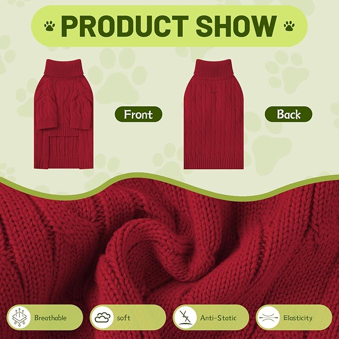 Small Dog Thermal Pullover Sweater, Classic Turtleneck Cable Knitwear Dog Clothes for Cold Weather Warm Pet Clothes for Chihuahua, Bulldog, Dachshund, Pug Red XX-Large