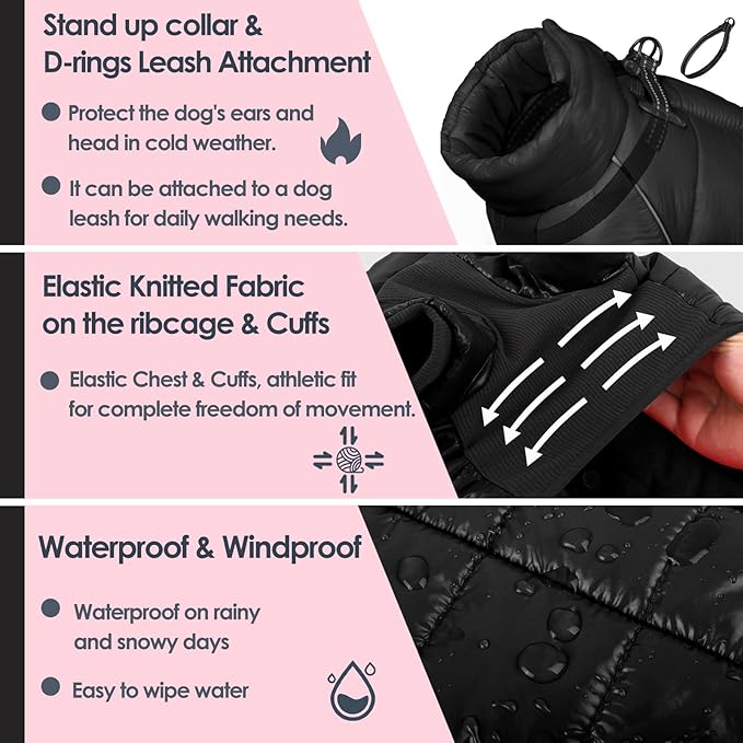 AOFITEE Dog Coat, Waterproof Dog Winter Jacket, Warm Fullbody Small Dogs Snowsuit, Winter Coat for Small Dogs, Zip Up Pet Puffer Jacket Fleece Vest, Outdoor Reflective Pet Snow Jackets, Black XL