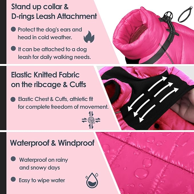AOFITEE Dog Coat, Waterproof Dog Winter Jacket, Warm Fullbody Dogs Snowsuit, Winter Coat for Small Dogs, Zip Up Pet Puffer Jacket Fleece Vest, Outdoor Reflective Cold Weather Pet Coats, Rose Red L