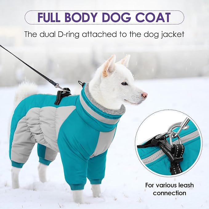 SUNFURA Full Body Dog Coat - Warm Fleece Jacket for Extra Large Dogs, Turtleneck Winter Coats with Harness, Reflective Dog Snowsuit Windproof Puffer Jackets with Legs for Great Dane, Turquoise 3XL