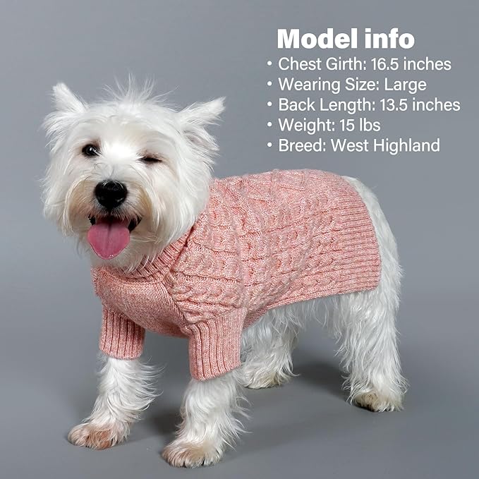 KYEESE Dog Sweater with Classic Cable Knit Long Sleeve Knitwear Dogs Clothes, Warm Turtleneck Pet Coats Soft Dog Sweater for Small Dogs, Pink, Small