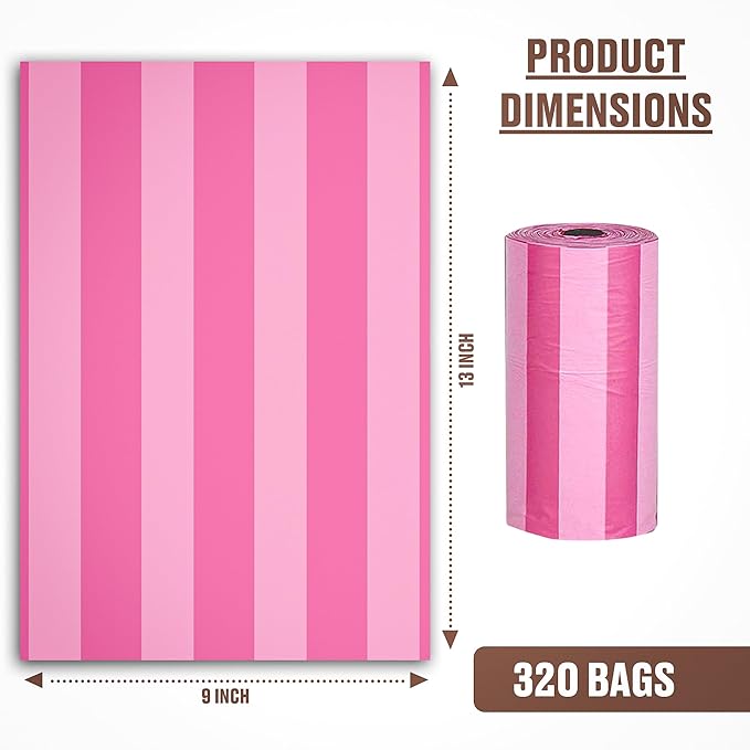 Parisian Pet Ecofriendly Dog Poop Bags Rolls - 320 Count Unscented Poop Bags For Dogs - Leakproof, Extra Thick, 16 Dog Waste Bags Refill Rolls - Striped Pink Doggie Poop Bags - Fits All Dispenser
