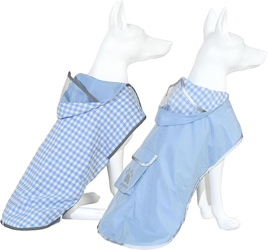 MAMORE Dog Raincoat Reversible,Waterproof Dog Rain Coat Hooded Slicker Poncho with Reflective Strip, Plaid Double Layer Rain Jacket for Small Medium Large Dogs (Light Blue, Small)