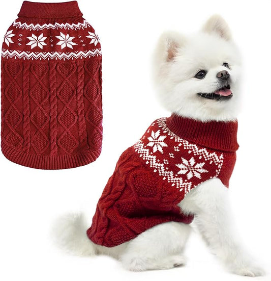 Warm Winter Pink Dog Sweater - Cold Weather Pet Clothes for Small Medium Large Dogs Indoor Outdoor, Soft Classic Knit Puppy Apparel Coat, Dark Red, XS