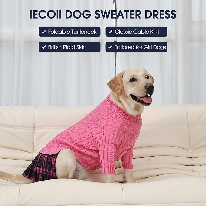IECOii Girl Dog Sweater Dress - Cable Knit Dog Sweater for Small Dogs Girl - Pink, Medium, Turtleneck Pullover Sweaters with Tartan Plaid Skirt, Adorable Warm Dog Knitted Dress for Christmas