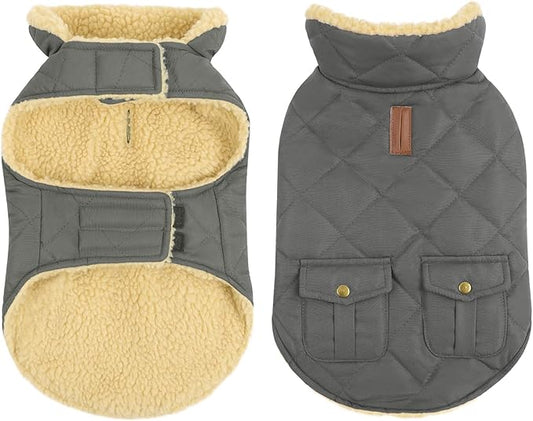 Queenmore Dog Winter Coat - Fleece Jacket, Waterproof Cold Weather Clothes, Thick Warm Cotton Padding, Easy On Storage Pockets (Grey, X-Large)